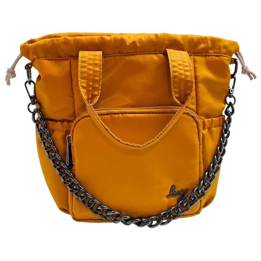 Lug Ditty Papaya Coral Drawstring Bag Purse Handbag W/Gunmetal Chain Strap Tote